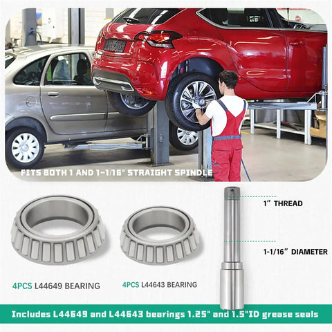 Mechanic installing Two Pack Heavy Duty Trailer Hub Bearing Kit 5x4.5 5 Lug Fits 1 In And 1-1/16 In Straight Spindles 2000 Lb Capacity