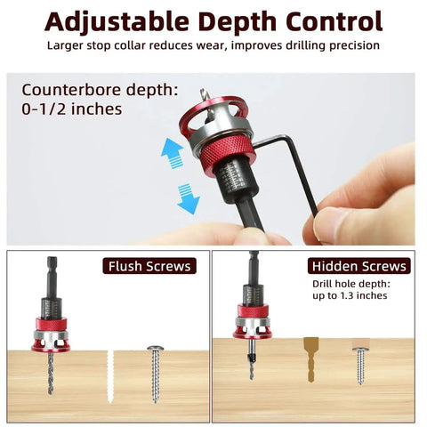 Adjustable depth control of the 7-Piece Countersink Drill Bit Set With Aluminum Stop Collar And Wrench, includes five HSS M2 tapered bits.