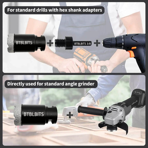 Dry Diamond Core Drill Bit One And A Half Inch Tile Hole Saw For Angle Grinder Porcelain Ceramic Granite Marble Stone Brick With Five Eighths Eleven Thread And Three Eighths Inch Hex Shank Adapter demonstration with tools.