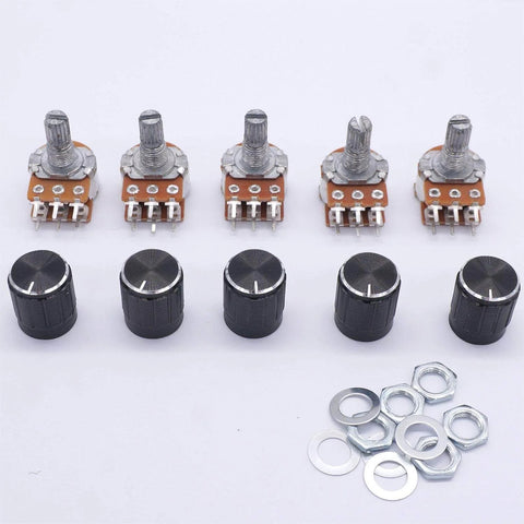 Five Pack 10K Ohm Rotary Potentiometers With Split Shaft And Knurled 6mm Shaft Linear Type B Dual Taper Audio Potentiometer