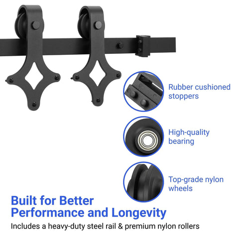 Heavy Duty Barn Door Hardware Kit With Handle For Smooth Sliding Doors Includes Track Rails And Rollers Durable Single Or Double Barn Door Assembly Black Finish Easy To Install Suitable For DIYers And Professionals showing nylon rollers, rail, and rubber stoppers.