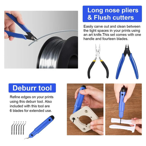 All In One 3D Printer Tools Kit With 55 Pieces For Post Processing Including Deburring Tool Caliper Art Knife Set Tube Cutter And Storage Bag Pro Grade For DIYers Cleaning Finishing And Maintaining Your Prints, showing pliers, flush cutters, and deburr tool.