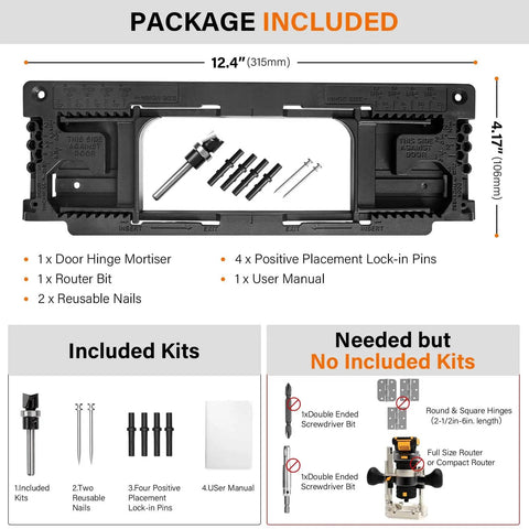 Package contents of Hinge Mortiser Kit For Doors And Frames, Pro Grade Door Hinge Jig For Quick And Easy Install displayed.