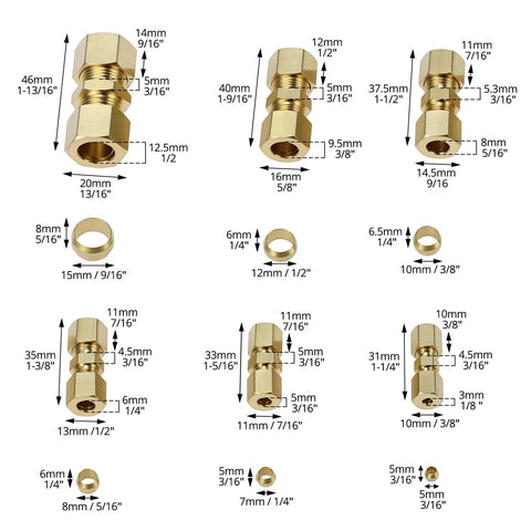 QWORK 46pc brass compression tube fittings set for truck airlines; includes 1/8–1/2 in OD straight union couplings