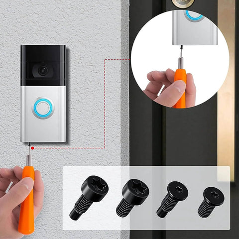 20 Piece Doorbell Security Screws Replacement Kit With Rings showing installation on a video doorbell with orange screwdriver.