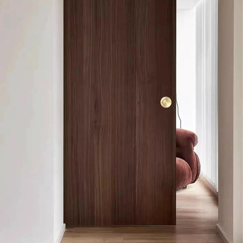 Sliding door with 4 pack solid brass finger pulls, 2 1/8 inch flush recessed round cup pulls in brushed gold, heavy duty hardware installed.
