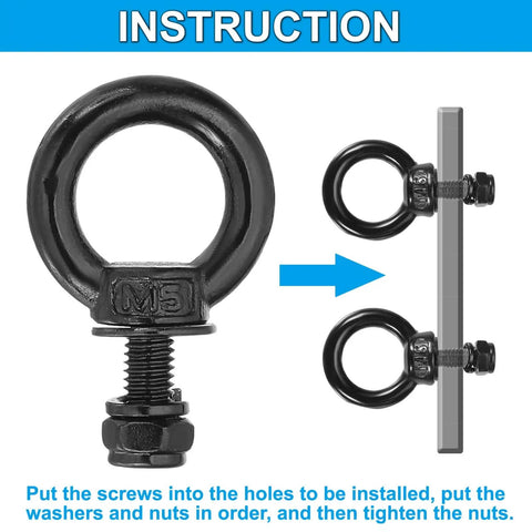 Assembly instruction for M8x15mm Lifting Shoulder Eyebolt Set 5 Pieces Black 304 Stainless Steel with hex nut, lock, and flat washer.