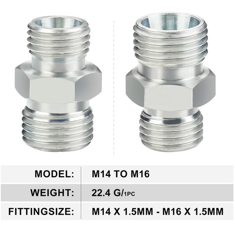 Two silver M14 to M16 hydraulic adapter fittings, DIN style, chrome metal, Amazon Home Improvement product