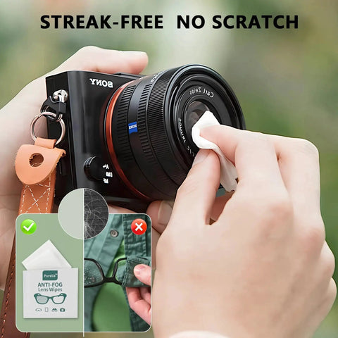 Using Anti Fog Lens Wipes For Glasses Goggles And Screens Pre Moistened 100 Count on camera lens outdoors.