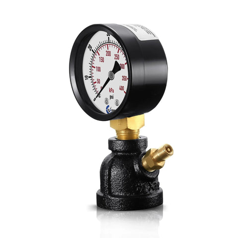 Gas test pressure gauge with 1-inch FNPT brass valve, chrome-plated steel body, black housing, white dial 0-30 psi.