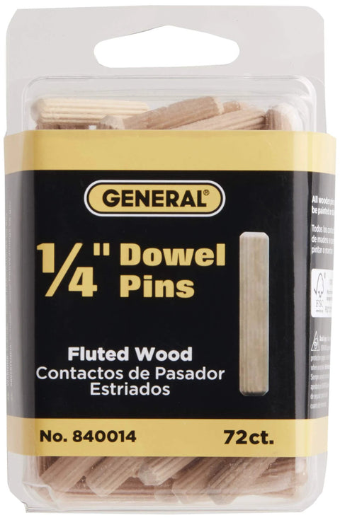 1/4-Inch Fluted Wood Dowel Pins, 72 Count Pack, in plastic packaging with visible hardwood dowels