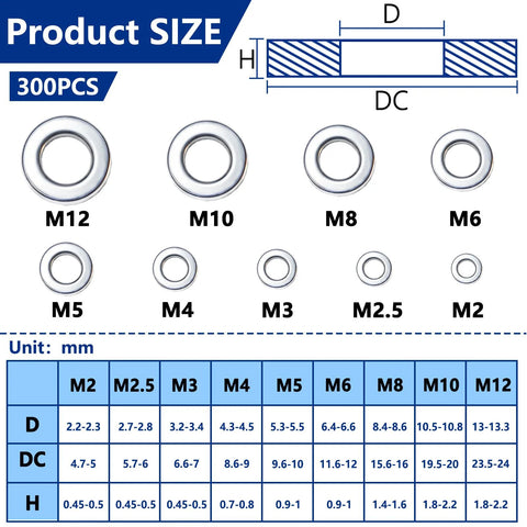 300-piece stainless steel flat washers set, 304 stainless, sizes M2-M12 for screws and bolts