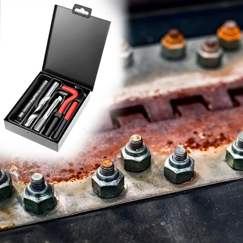 Stainless Steel M14x1.5 Thread Inserts Kit 12 Piece Set for female thread repair, box open with tools, on rusty metal surface.