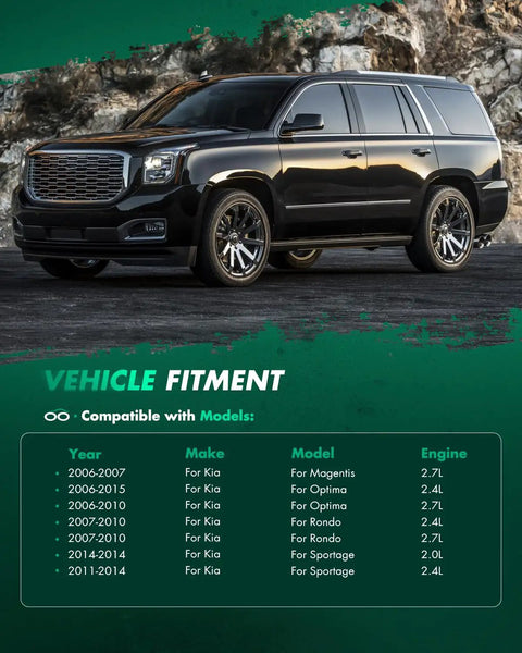 Front view of a black SUV with text overlay listing Kia model and engine compatibility by year.