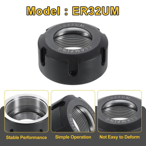 Four Piece ER32UM M40 Collet Clamping Nuts For CNC Milling Lathe Chuck, Cast Steel, Showing Top View and Detailed Threading
