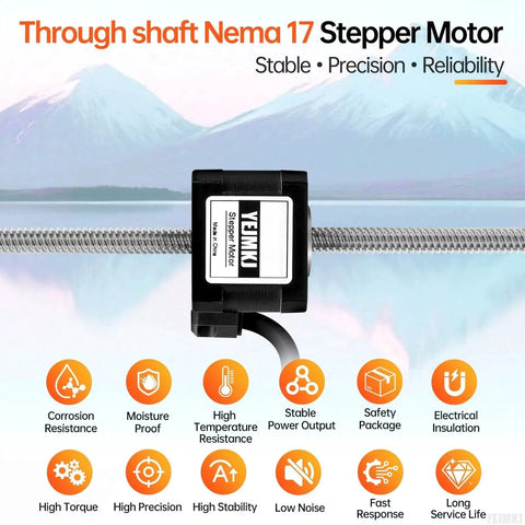 Product image of Through Shaft Nema 17 Stepper Motor with TR8x8 300mm Lead Screw, highlighted features for 3D printers and CNC machines.