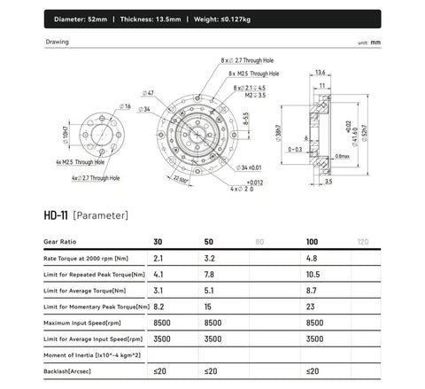 Technical diagram of Harmonic Drive HD 11 Strain Wave Gearbox 52mm Heavy Duty Low Backlash Reducer for Nema 17 BLDC Motor, showing dimensions and specifications.