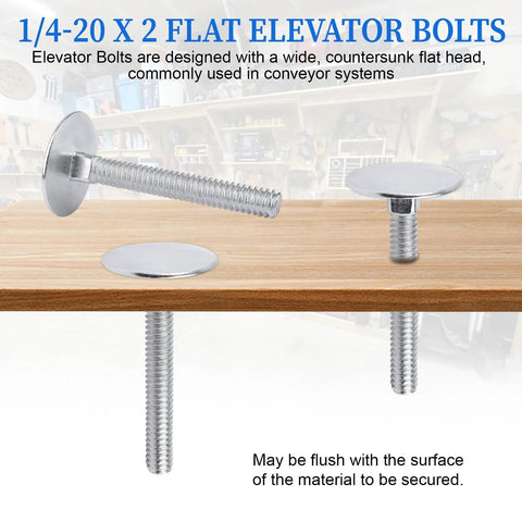 Elevator bolts, four 1/4-20 x 2, countersunk flat heads, zinc-plated steel