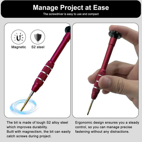 1.5mm precision flat head screwdriver for electronics with magnetic S2 steel tip and anti-slip aluminum handle, shown in hand.