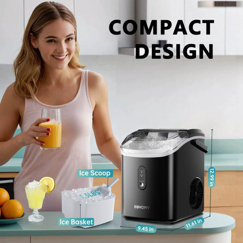 Woman using Nugget Ice Maker Countertop With Auto Clean, 34 Lbs Per Day, 6 Min Ready, in a kitchen setting.