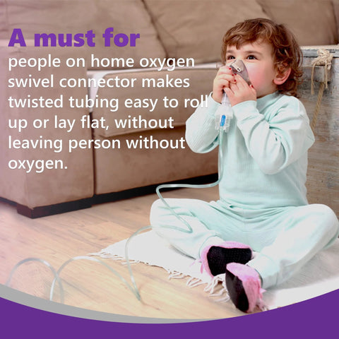 Oxygen tubing swivel connector on a nasal cannula worn by a child using home oxygen.