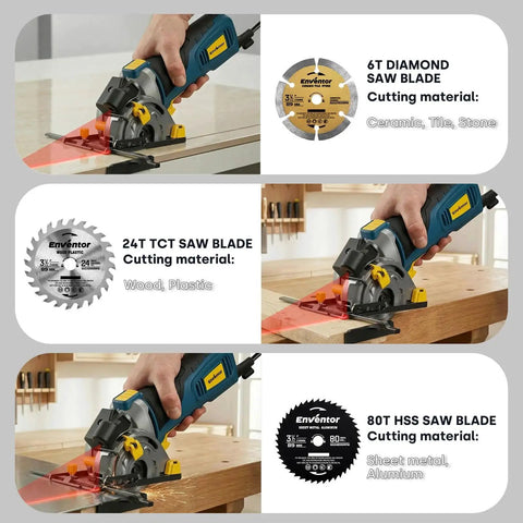 Powerful Mini Circular Saw With Laser Guide, 600W Corded, 5,500 RPM, Three And A Half Inch Blade Set, includes various blades for different materials