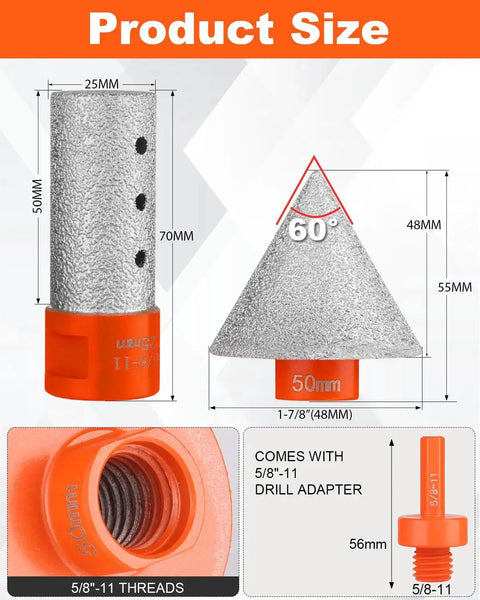 Pro Grade 3 Piece Diamond Beveling Chamfer Bit Set With 5 8 11 Thread Adapter for tile, marble, glass, granite, ceramic use