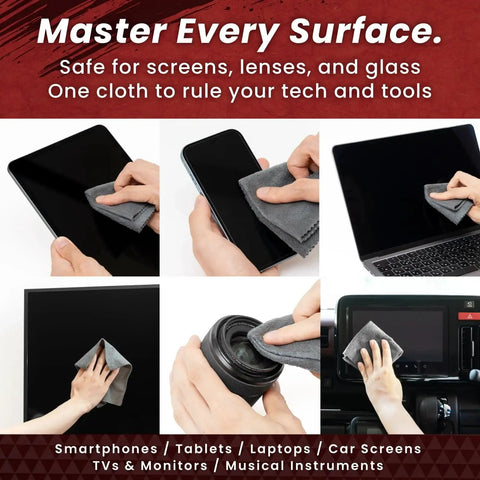 Various uses of Japanese Microfiber Samurai Cloth For Phones Laptops Screens And Lenses 2 Pack cleaning tech devices.