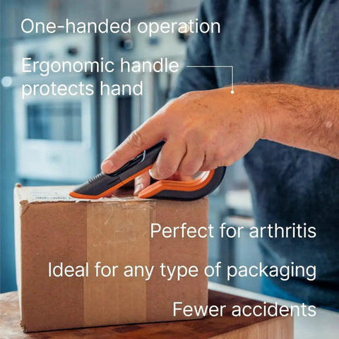 Person using 3 Position Box Cutter With Ceramic Zirconia Blade And Locking Blade to cut cardboard box, showing ergonomic handle for safety.