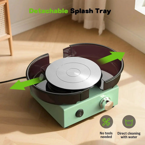 Mini Pottery Wheel Kit With 6 Inch Turntable Two Way Rotation Metal Frame And Removable Splash Tray in a green color