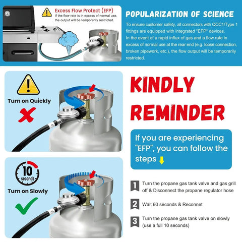 Diagram explaining the Excess Flow Protect (EFP) function on two stage propane regulator with gauge for RVs and campers.