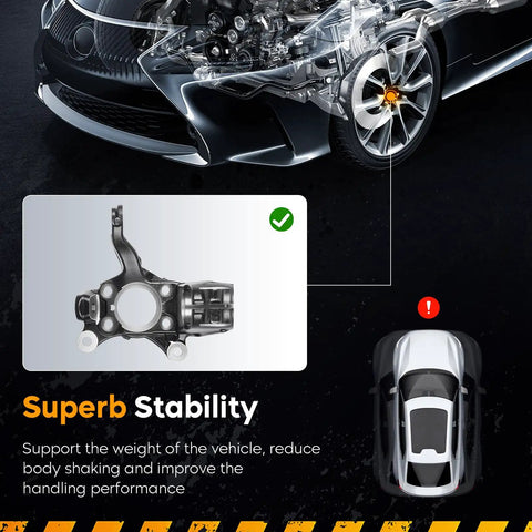 Front Left Suspension Steering Knuckle And Wheel Bearing Hub Assembly OEM Style displayed next to car illustration