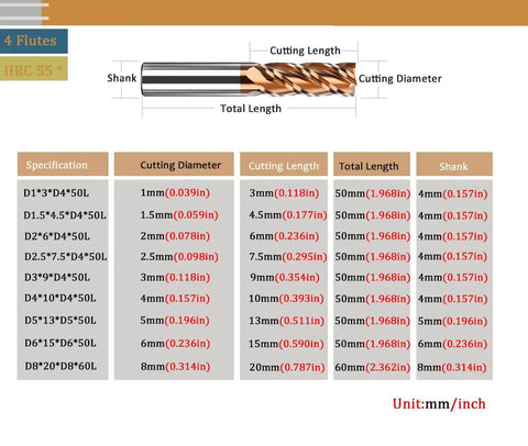 Specifications chart for 6mm Carbide Square End Mill 4 Flutes CNC Router Bit, HRC55, showing dimensions and flute length.