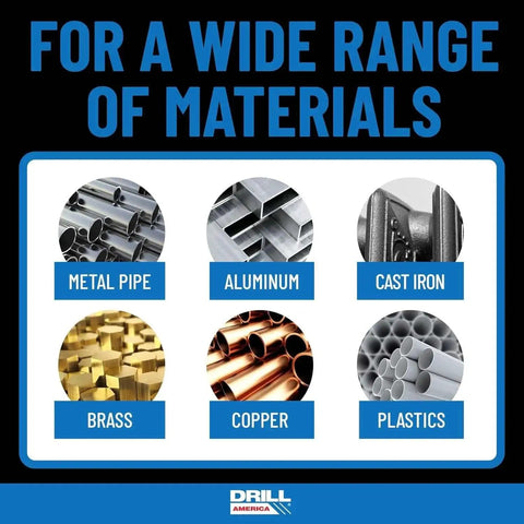 Image displaying materials compatible with the 1/8 In NPT Pipe Tap And R HSS Drill Bit Set In Carbon Steel, Black Oxide Finish.