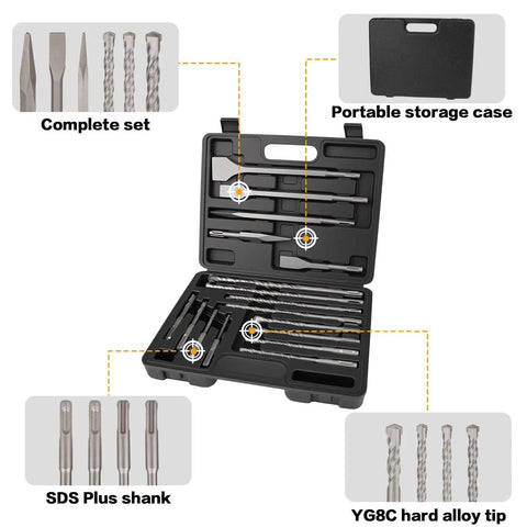 All In One 17 Piece Rotary Hammer Drill Bit Set With SDS Plus Bits And YG8C Carbide Tips For Concrete And Masonry in case