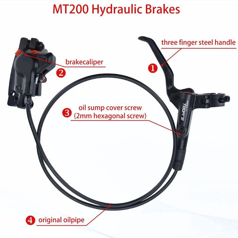 MT200 MTB hydraulic disc brake set with left lever and right caliper, aluminum alloy components.