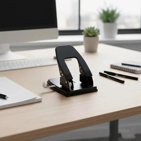Two Hole Punch With 30 Sheet Capacity on office desk, workhorse metal paper punch for home office and professional use