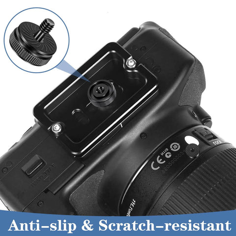 Two Pack Thumb Screw Camera Quick Release Adapter 1/4-20 Female To Male Thumbscrew installed on camera, showing anti-slip feature