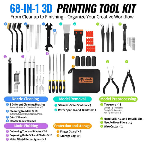 All In One 68 Piece 3D Printer Tools Kit With Durable Storage Case Pro Grade Deburring Tool And Scrapers Metal Files Brushes Hand Drill Tweezers Pliers And More For Bambu Lab Ender 3 Kobra And Other Popular 3D Printers visible