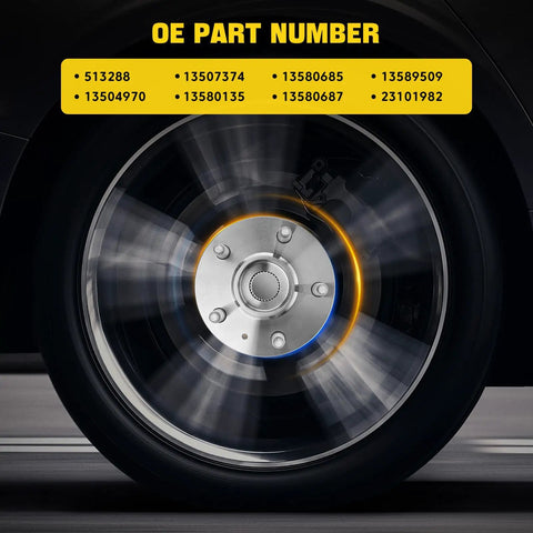 Drop In Replacement Wheel Bearing And Hub Assembly Set For GM Vehicles With 5 Lug Hubs And ABS Front Or Rear Fits Malibu Impala Equinox Terrain Lacrosse Regal Cadillac XTS CTS 2 Pack shown installed on a rotating wheel with visible OE part numbers