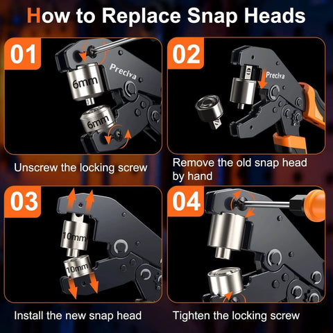 Instructional guide showing how to replace snap heads on a handheld tool, featuring detailed steps and close-up images of the tool parts.
