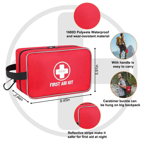 330 Piece First Aid Kit Premium Waterproof Compact Trauma Medical Kit with handle and reflective strips, red color