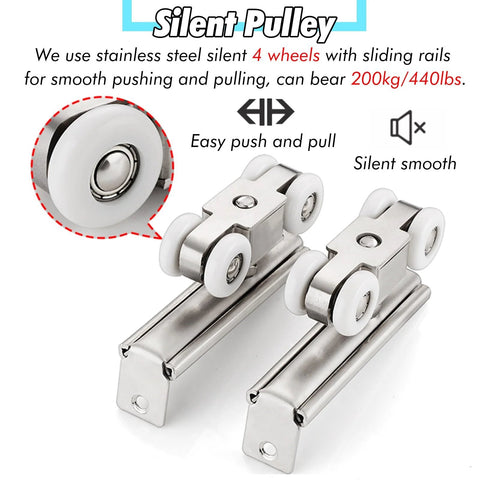 Bypass Double Sliding Pocket Door Hardware Kit For Wardrobe And Closet, Rugged Aluminum Box Rail Track System With Silent Stainless Pulleys