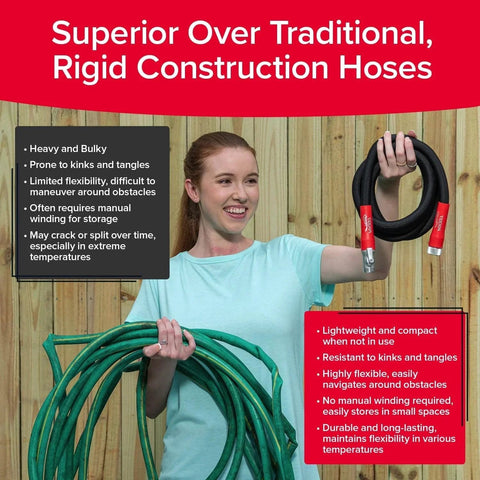 Person holding Expandable 50 Ft Garden Hose With Turbo Shot Nozzle For Quick Water Flow From Pocket Hose Silver Bullet Two Point Zero next to traditional hose.