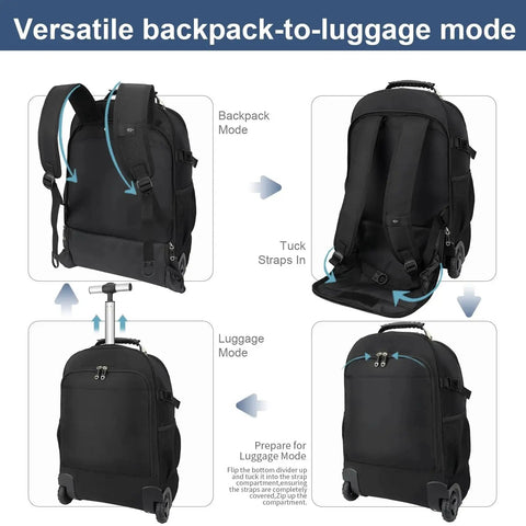 Three In One Travel Vacuum Backpack With Wheels For Women And Men 50L Rolling Vacpack showing backpack and luggage conversion