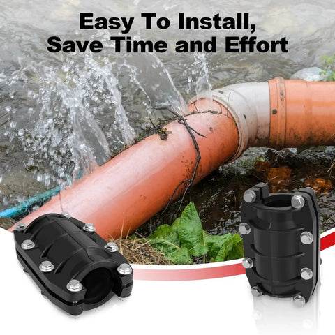 Three Quarter Inch Pipe Repair Clamp for fast leak fix on plastic pipes with anti-impact shield shown by leaking pipe and clamp image.