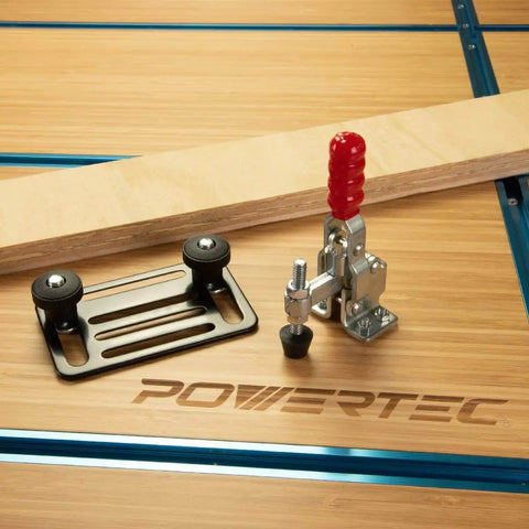 Toggle Clamp Mounting Plate Kit With Round 5/16-18 Knobs And T-Bolts For T-Track Accessories shown on wooden surface