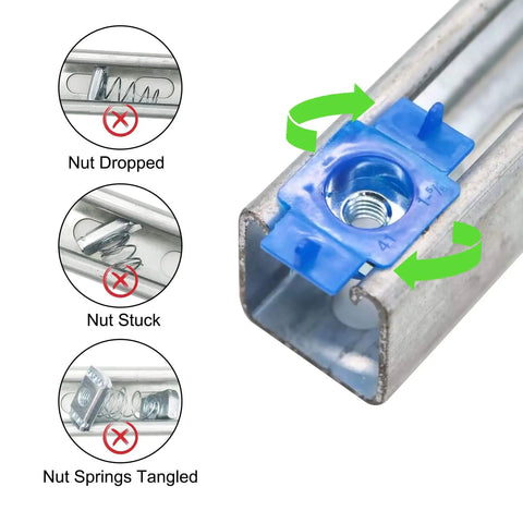 Strut Channel Nuts With Twist Tab Hundred Pack Three Eighths By Sixteen Thread Zinc Electroplated For Use With Unistrut Channels Secure Reinforced Nut For Attaching Fittings And Accessories To Channel Surfaces shown in use with arrows indicating installation issues