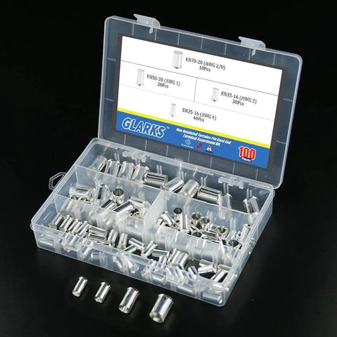 100 Pcs Wire Ferrule Terminal Kit, Copper Crimp Connectors, Silver Plated, Non Insulated, Assorted AWG 4 2 1 2/0, open box view