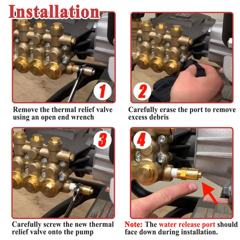 Zeiboat 7101359 thermal relief valve installation on a gas pressure washer pump; brass 1/4 in NPT valve shown in four steps.